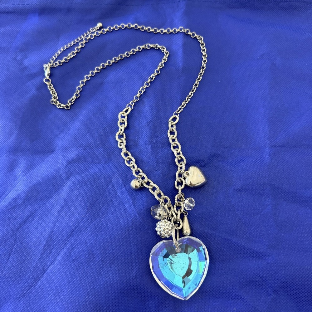 Silver Tone Iridescent Crystal Heart Charm Pendant Necklace 34" Stmt Boho Whimsy